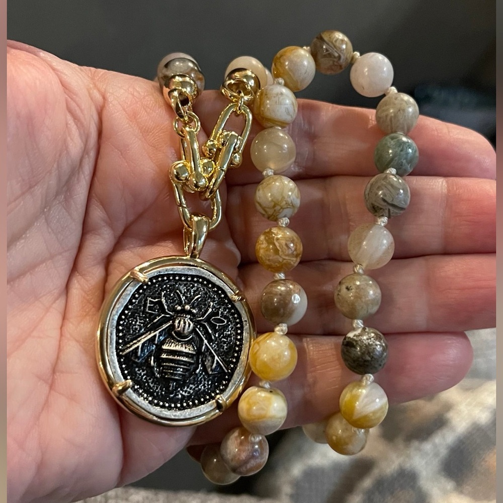 Agate Bee Necklace:Handknotted Bamboo Agate w an Ancient Greek Reproduction Coin